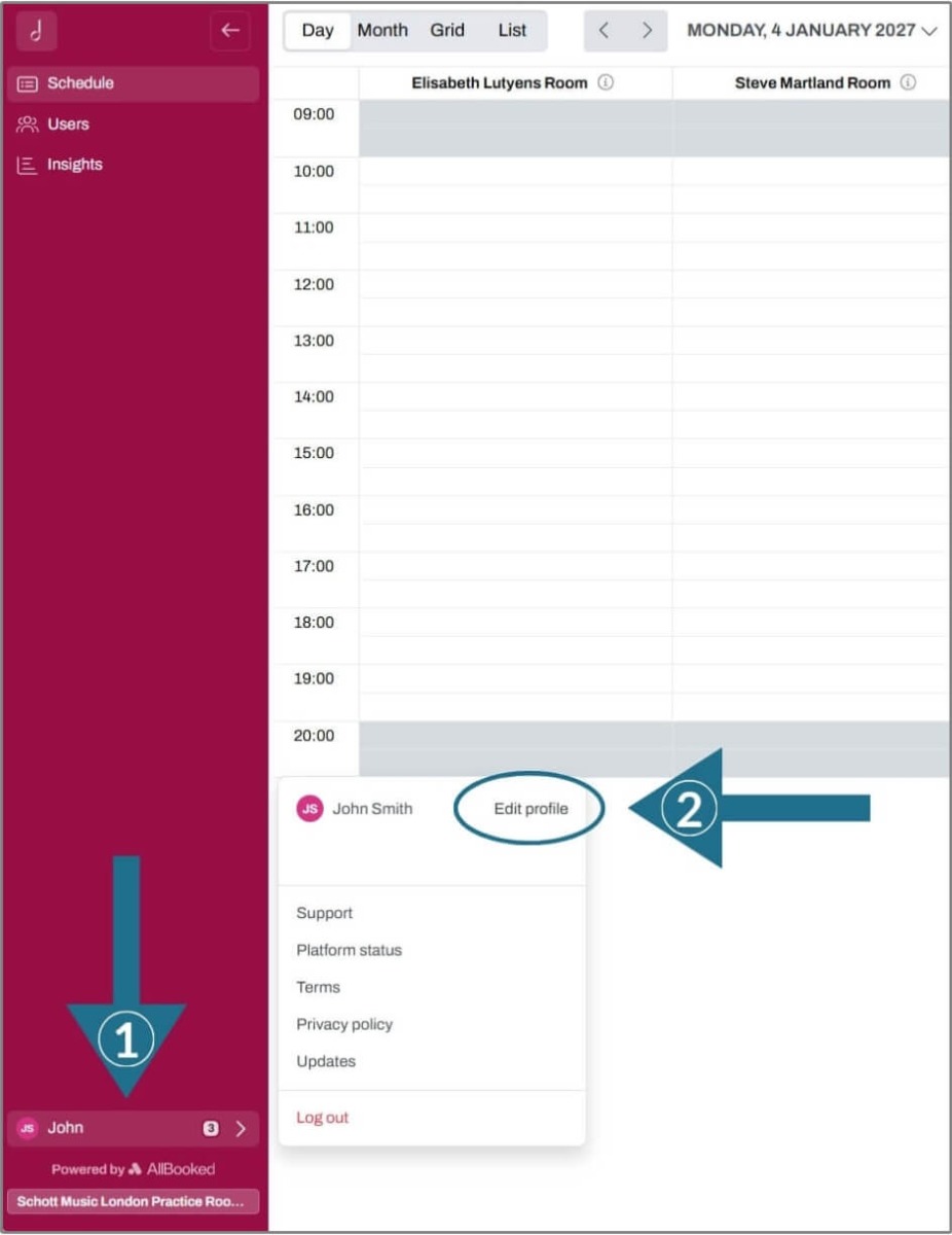 Skedda profile menu showing Edit Profile option with arrows included for guidance.