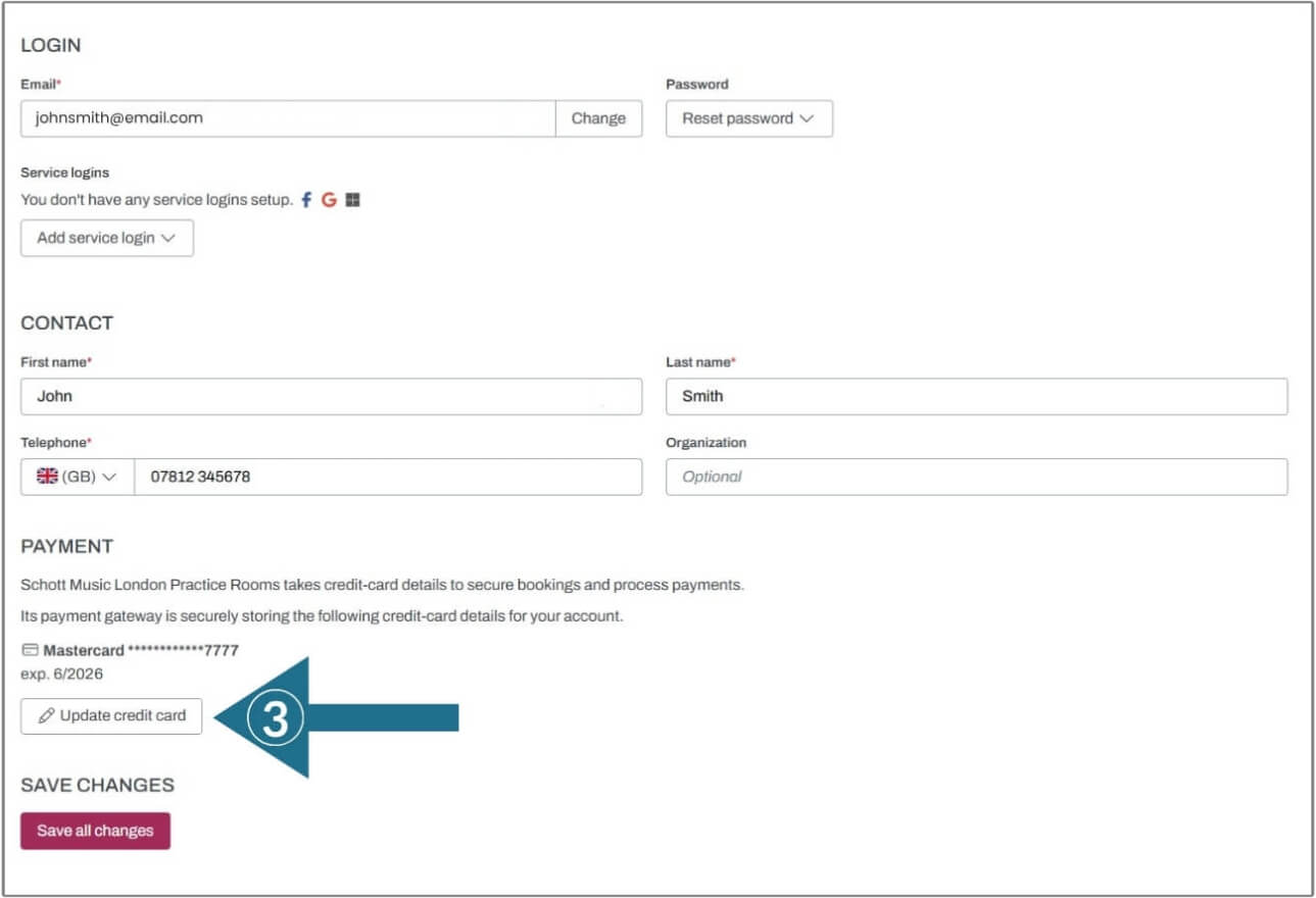 Skedda settings showing the option for updating credit card, with arrow included for guidance.