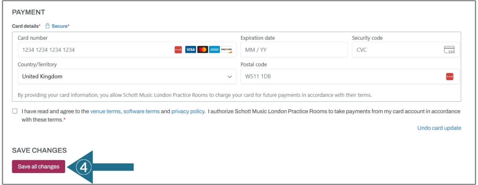 Skedda settings showing the new card information entry requirements and save option, with arrow included for guidance.