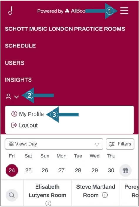 Skedda profile menu showing Edit Profile option with arrows included for guidance.