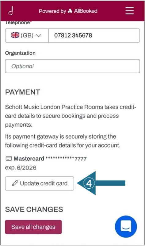 Skedda settings showing the option for updating credit card, with arrow included for guidance.