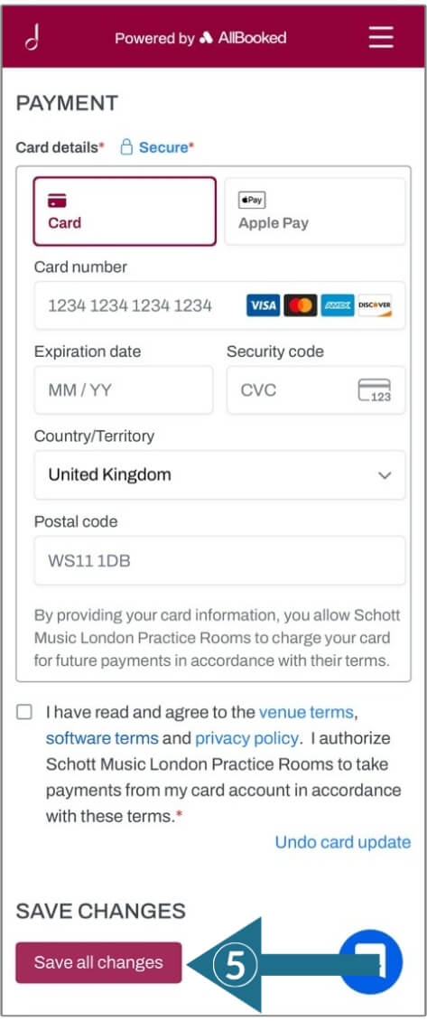 Skedda settings showing the new card information entry requirements and save option, with arrow included for guidance.